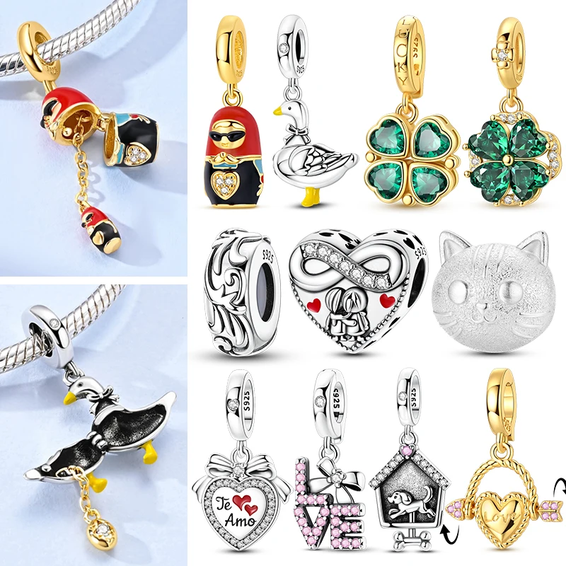Charms Pendant 925 Sterling Silver Cat Dog Four-leaf Clover Charms Fit Original Bracelets Necklaces Women DIY Fine Jewelry Gift