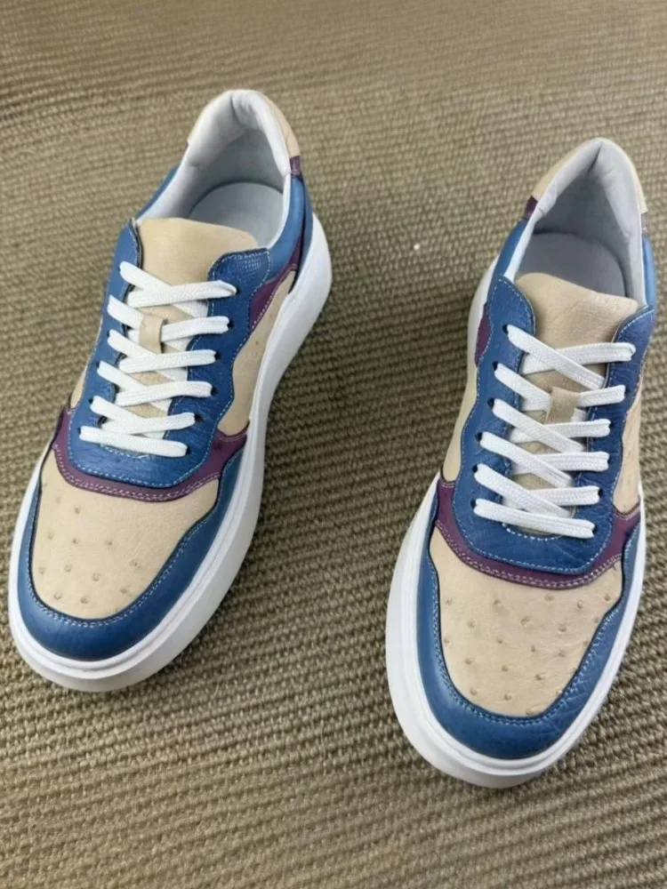 Youth Male Comfortable Ostrich Leather Mixed Color Lace-Up Casual Shoes Genuine Leather Round Toe Low-Heel Breathable Footwear