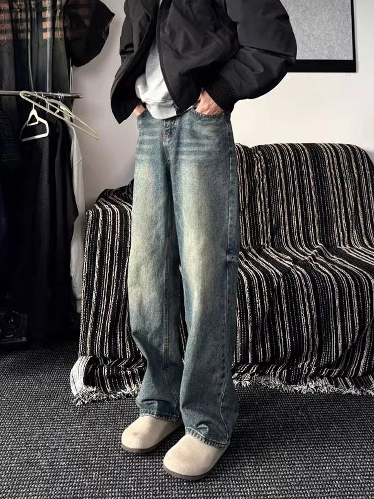 Cleanfit Vintage Blue Waed Jeans Men High Waist Slim Straight Leg American High Street Trendy Brand Wide Leg Pants
