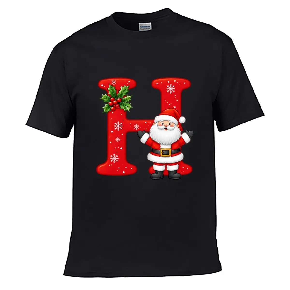 Santa Claus Christmas Alphabet H Holly Snowflakes Men Summer Washed Tee Loose Distressed Top