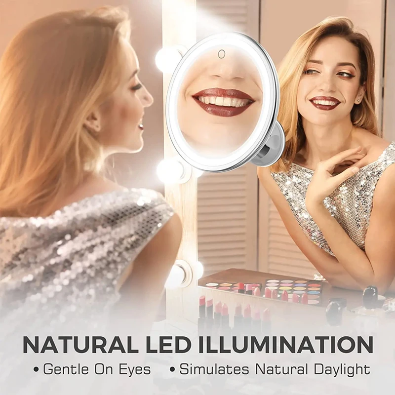 مرآة ماكياج مرنة Gooseneck ، 10x مكبرة LED مضاءة ، الحمام التكبير الغرور مع كوب الشفط ، 360 عميق