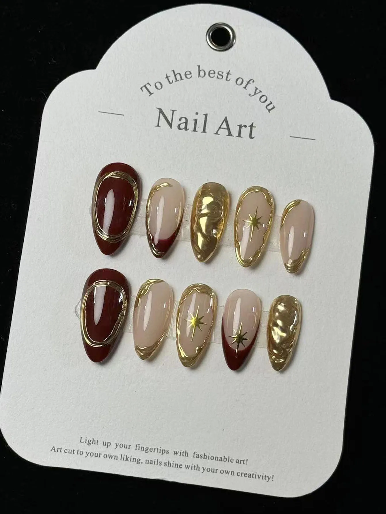 10 قطع من المسامير النقية المصنوعة يدويًا على شكل لوز أحمر عميق بحافة فرنسية ذهبية غير منتظمة على شكل خط ثلاثي الأبعاد على شكل نجمة، ex #1
