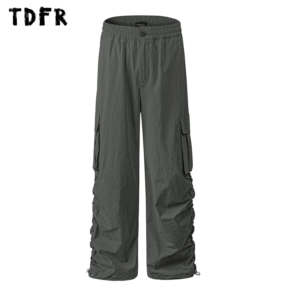 

Solid Color Pleated Cargo Pants Mens Pocket Safari Style Elastic Waist Straight Wide Leg Loose Trousers Men