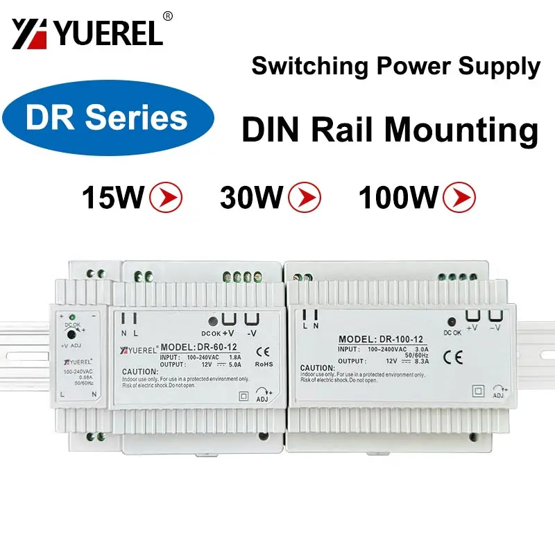 DR-15W 60W 100W Switching Power Supply 5V 12V 15V 24V Small Volume 0.63A 2.5A 8.3A DIN Rail Power Supply Industrial Transformer