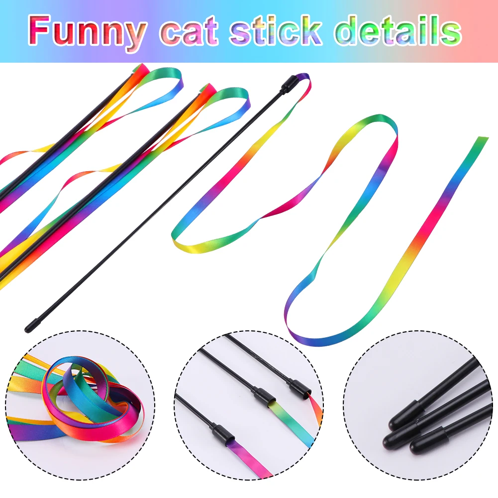 3pcs Teaser Toy Cat Wand Rainbow Ribbon Cat Fun Stick Interactive Indoor Healthy Exercise Funny Cat Rod Pet Supplies Kitten Toy