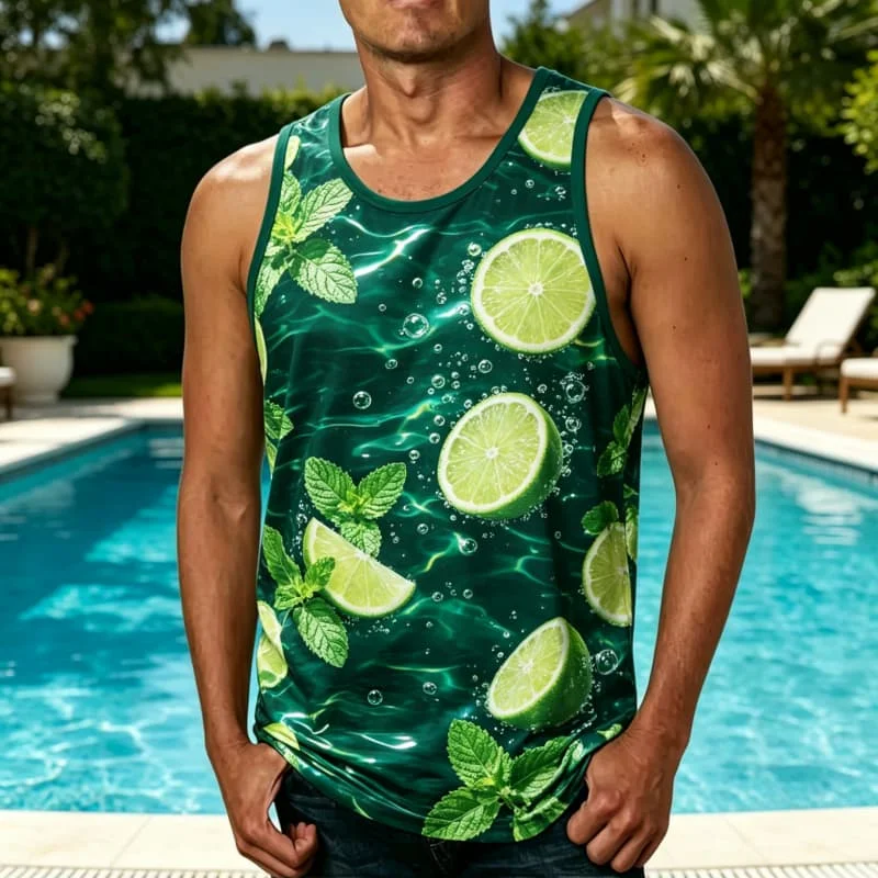 Men's All-Over Refreshing Tropical Fruit Printed Tank Tops, for Summer, Poolside and Versatile Casual Occasions