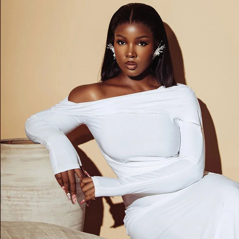 

2025 Elegant Women One Shoulder Dress Chic Off Shoulder Irregular Hem Long Sleeve Bodycon Solid Color Slim Fit Maxi Dress Party