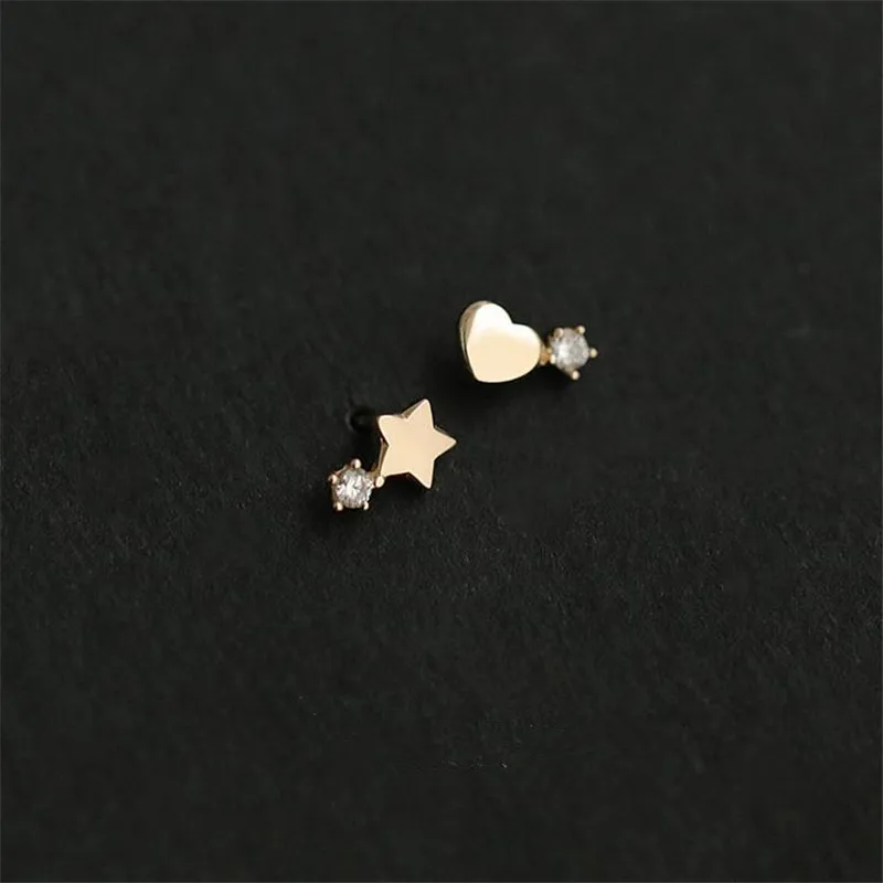 Playful Heart Star Solitaire Zircon Asymmetric Stud Earrings for Women 925 Sterling Silver 14k Gold Plated Earrings Jewelry