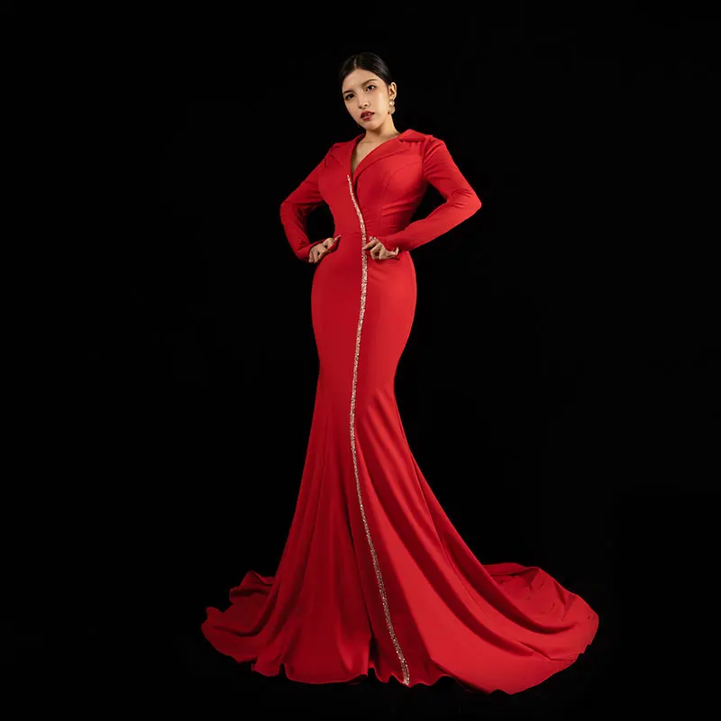 Bai Sha Party Dress New 2024 Tailored Collar Wedding Runway Show Host Slim Fit Fishtail Evening Dress H605