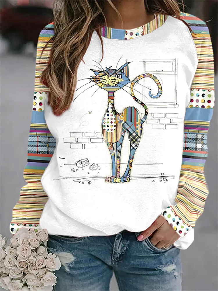 

Cartoon Cat Round Neck Sweater Printed Women's Autumn Raglan Sleeve Cartoon Casual Round Neck Sweater Casual Pullover Top