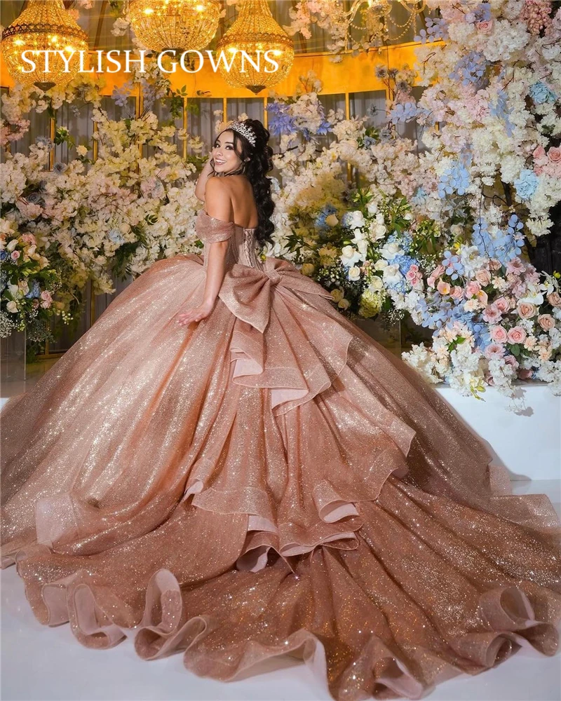 Vestido De baile De quinceañera para niñas, vestidos De fiesta De cumpleaños escalonados, vestido De noche De sirena, oro rosa De México