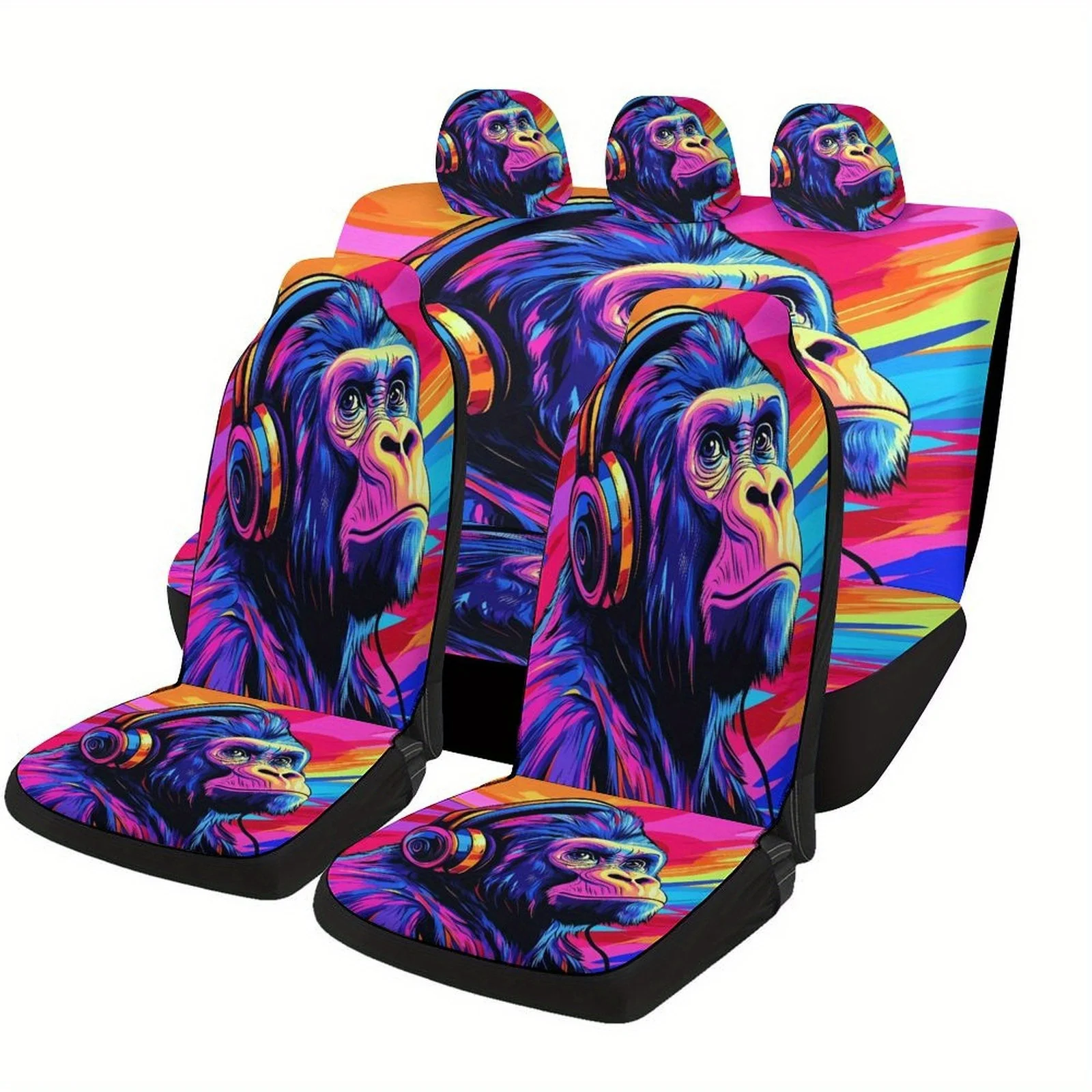 

Colorful Monkey Headphones Themed Car Seat Cover Set For Most Cars, Fashion Personalized Novelty Car Seat Protector Covers Full