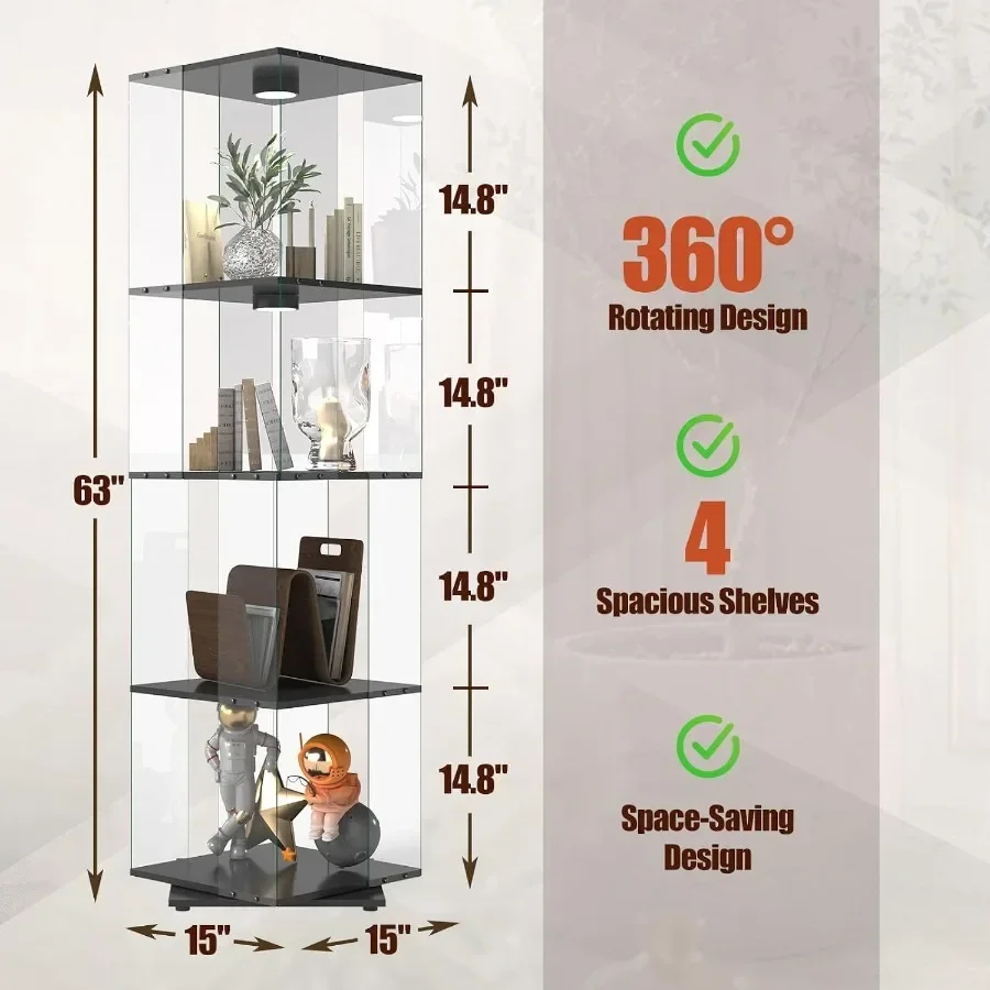 Rotating Glass Display Cabinet with LED, 4-Tier Curio Cabinet