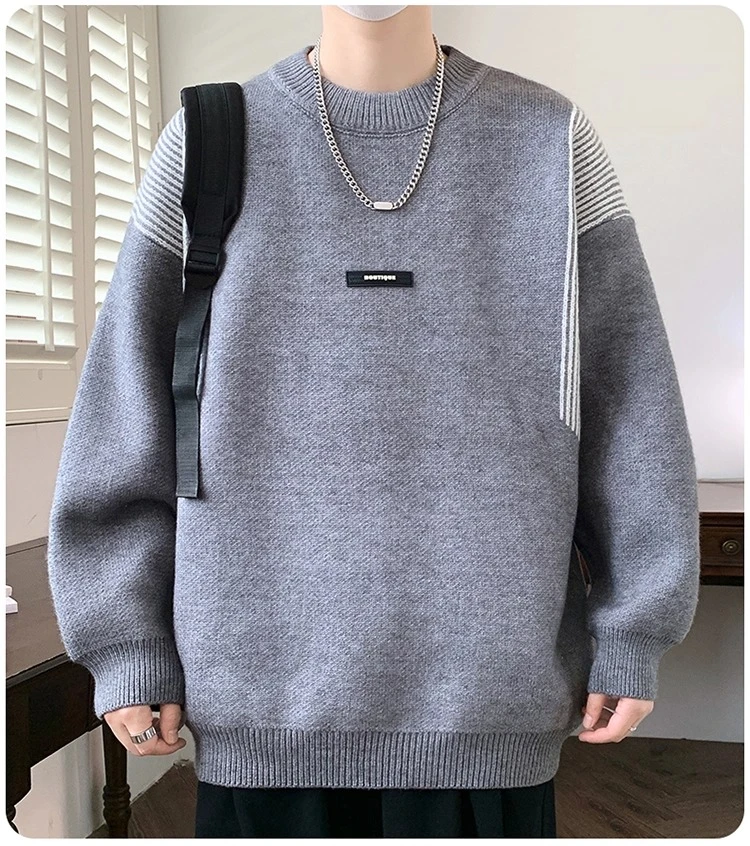 2025 Autumn Winter Gray Black Green White Round Neck Long Sleeve Striped Thickened Warm Loose Casual Knitted Sweater