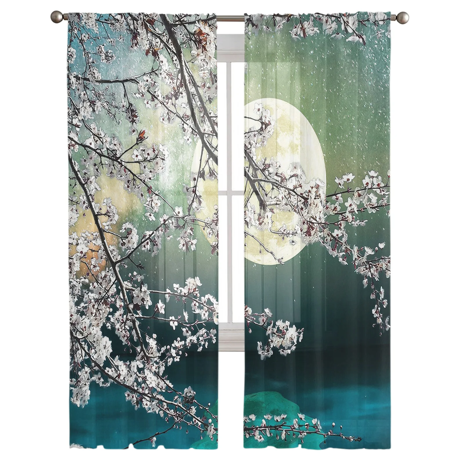 

Beautiful Peach Cherry Blossom Under The MoonNight Tulle Curtains for Living Room Chiffon Voile Sheer Window Curtain for Bedroom