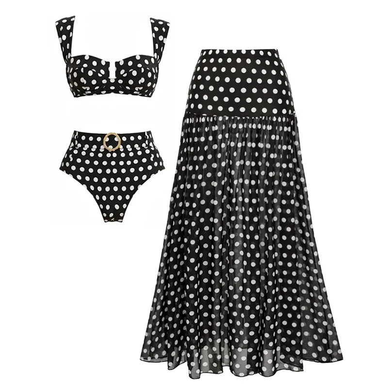 High Waist Women Sexy Swimsuit Black Polka Dots Print Hollow Bikinis Set Women Patchwork Bathsuit Belt Bodysuit Beachwear