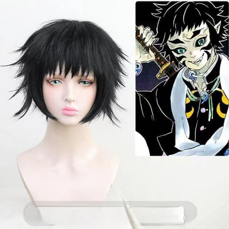 

Аниме игра Demon Slayer: Kimetsu no Yaiba Upper Moon Six Kaigaku Косплей Парик короткие черные синтетические волосы Rose net