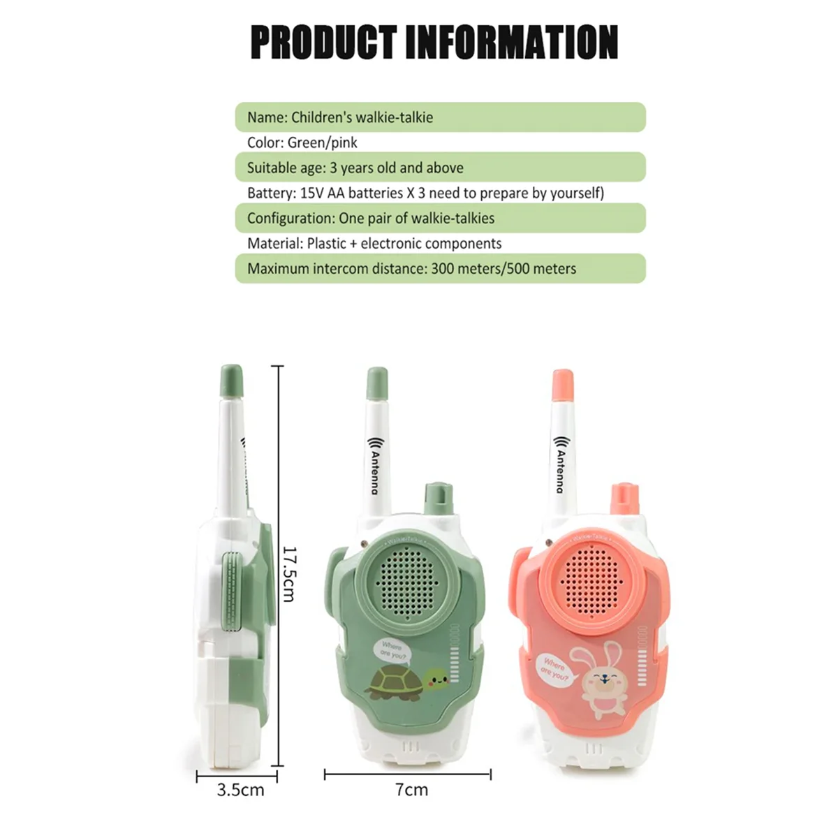 Walkie Talkie dos desenhos animados portáteis para crianças, Brinquedo sem fio, máquina falante, telefone, interfone, 300m