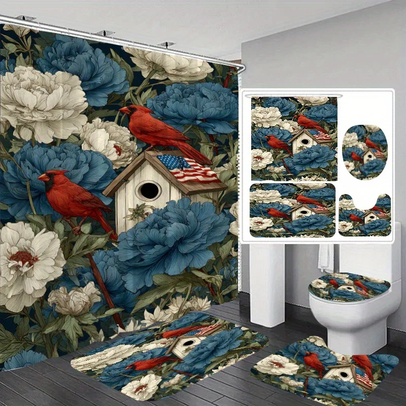 

4pcs Floral Bird Flag Dream Print Shower Curtain Set, Ring Multi-Size Bathroom Decor Kit Includes Shower Liner, Non-Slip Mat