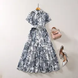 ZJYT Runway Designer Summer Dress Women 2024 Trendy Fashion Blue Floral Print Midi Vintage Vestidos Party Vacation Robe Femmes