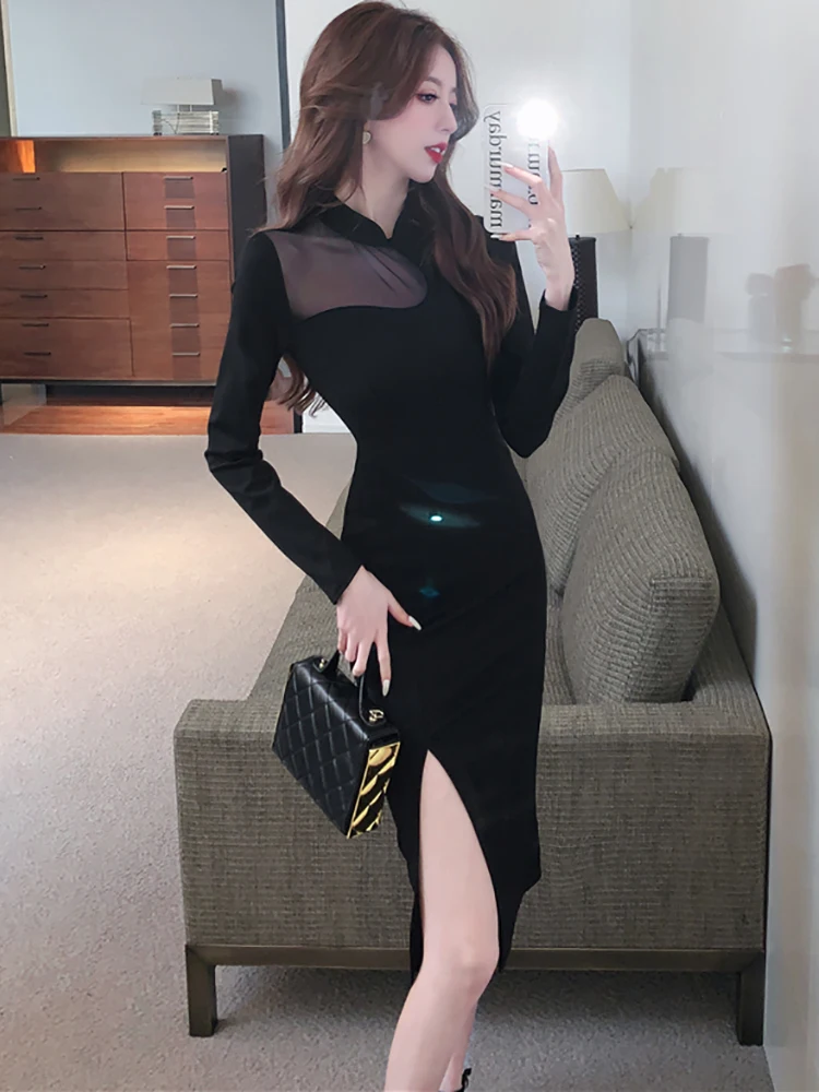 2024 Black Patchwork Mesh Sheer Sexy Slit Long Dress Women Korean Vintage Hepburn Dress Autumn Winter Elegant Festival Vestidos