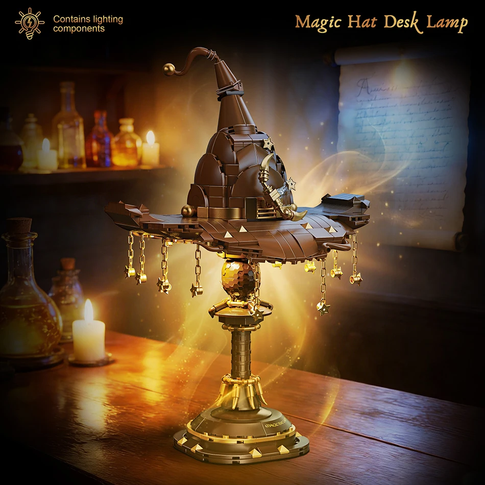 

MOC Magic Witch Hat Desk Lamp Model Building Blocks Set with LED Crone Hat Table Night Light Assembly Bricks Toys for Kids Gifts