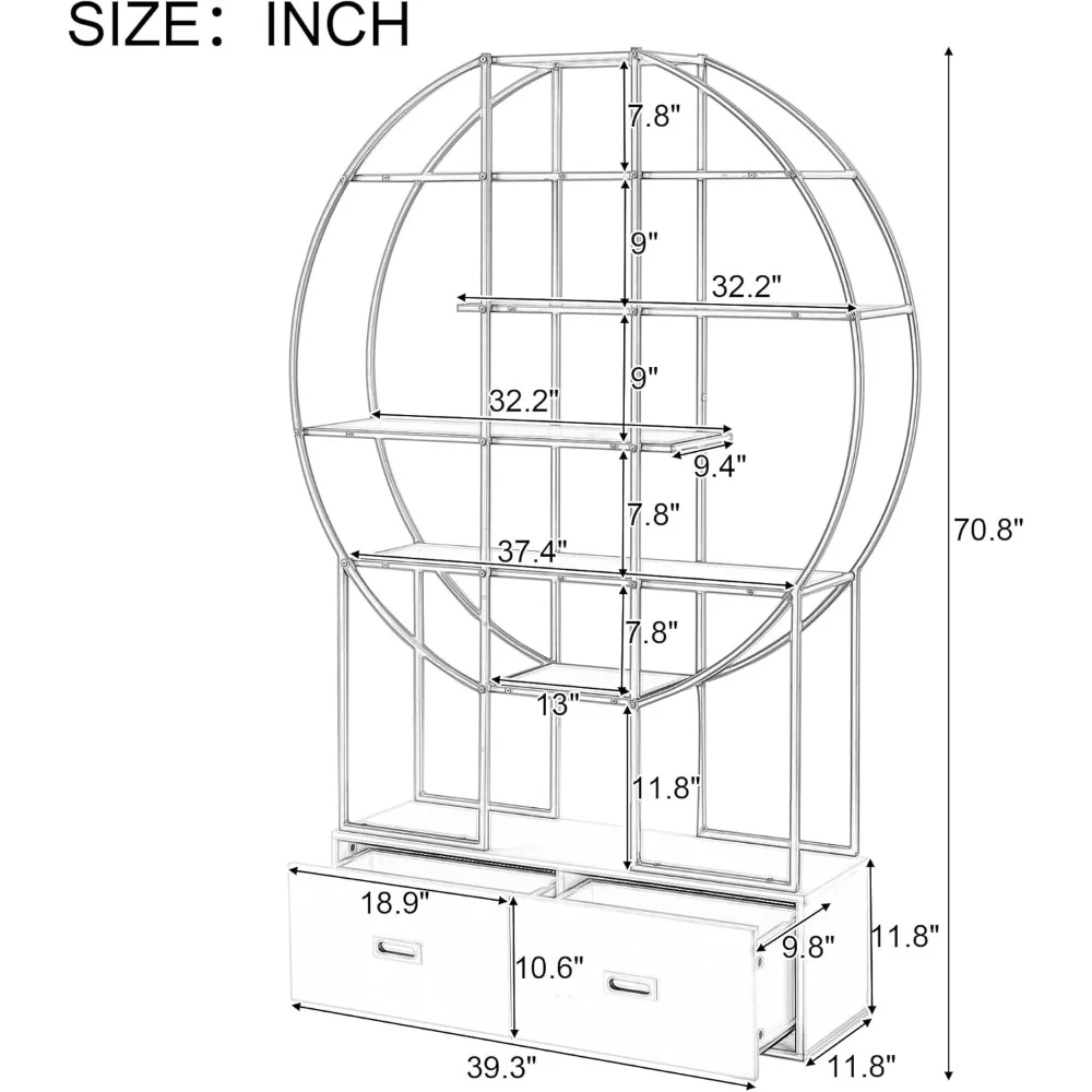 رف كتب حديث بإطار ذهبي مكون من 5 طبقات مع درجين، منظم رف عرض دائري، حل تخزين أنيق