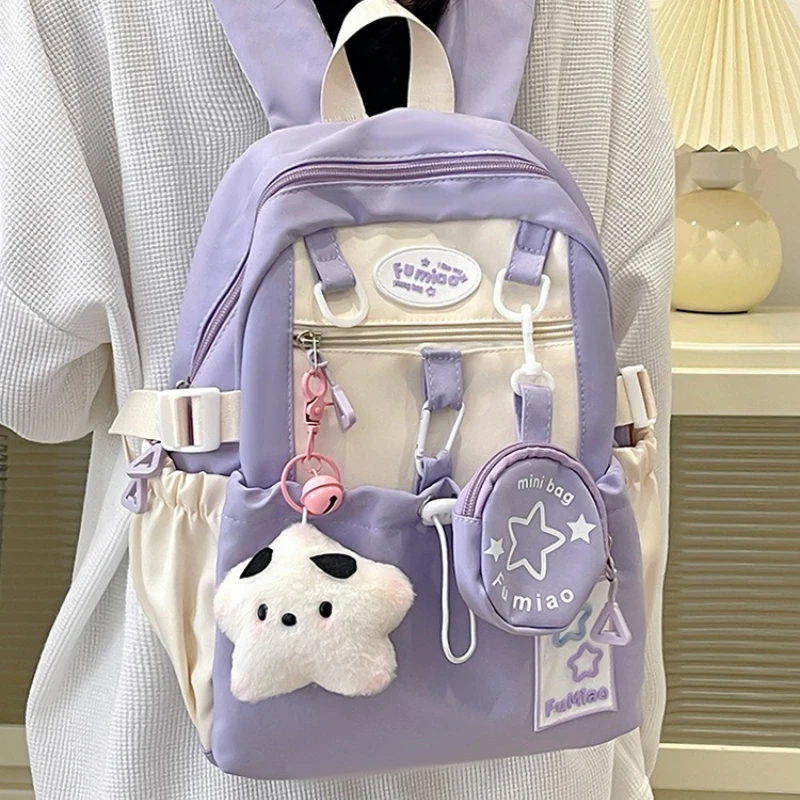 New in Cute Nylon Backpack for Women Large Capacity Summer Student Bag Round Pouch Multi-Pocket Lightweight School Travel