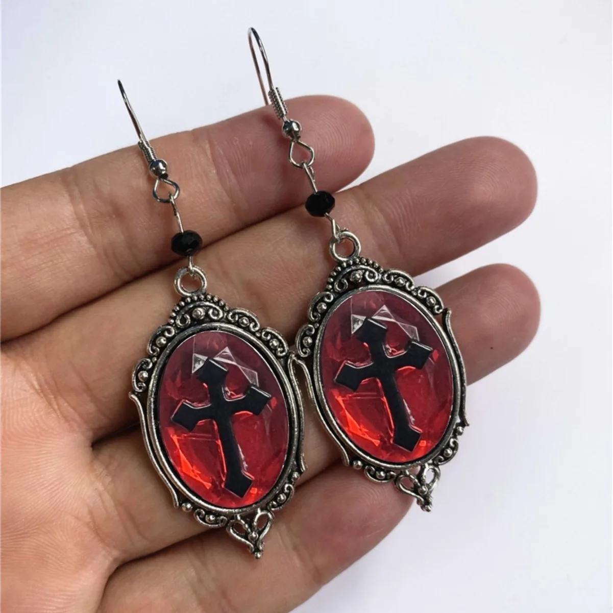 Gothic Vampire Cross Cameo Earrings For Women Girl Pagan Witch Jewelry Accessories Vintage Blood Black Cross Pendant Ear Hooks