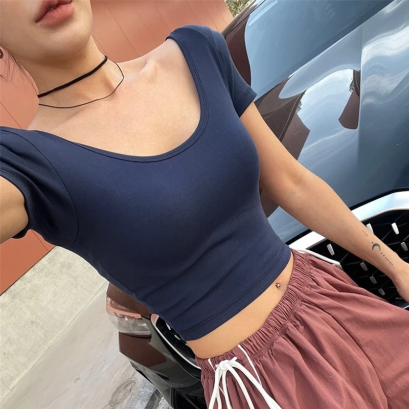 Korean Women 2026 Summer Sports Casual Crop Top Double U-Neck Short Sleeve Shoulder Pad T-shirt Solid Slim Simple Versatile Tees