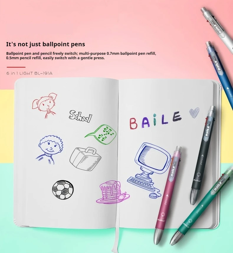 5-Color 0.7mm Ballpoint Pen And 0.5mm Automatic Pencil 6-in-1 Set Creative Writing Office And School Tool