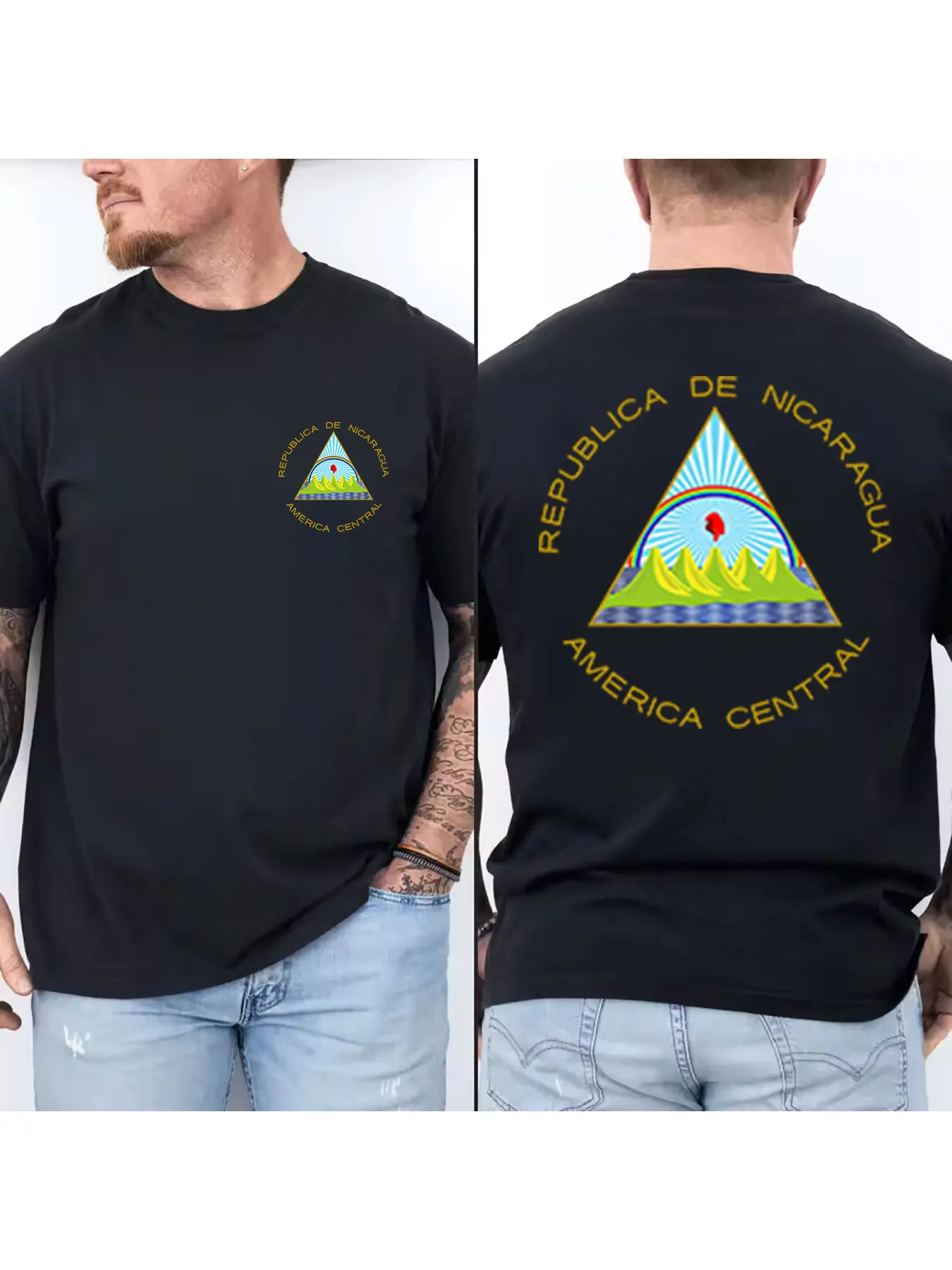 Camiseta Masculina de Algodão Puro com Estampa do Emblema da República da Nicarágua, Camiseta Casual Respirável de Manga Curta para o Dia a Dia
