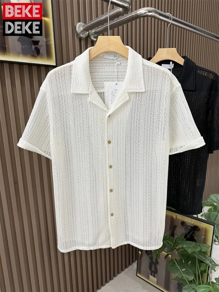 

Mens Casual Shirt New Summer Short Sleeve Solid Color Fashion Breathable Hollow Out Tops Loose Fit Single Breasted Shirts Male