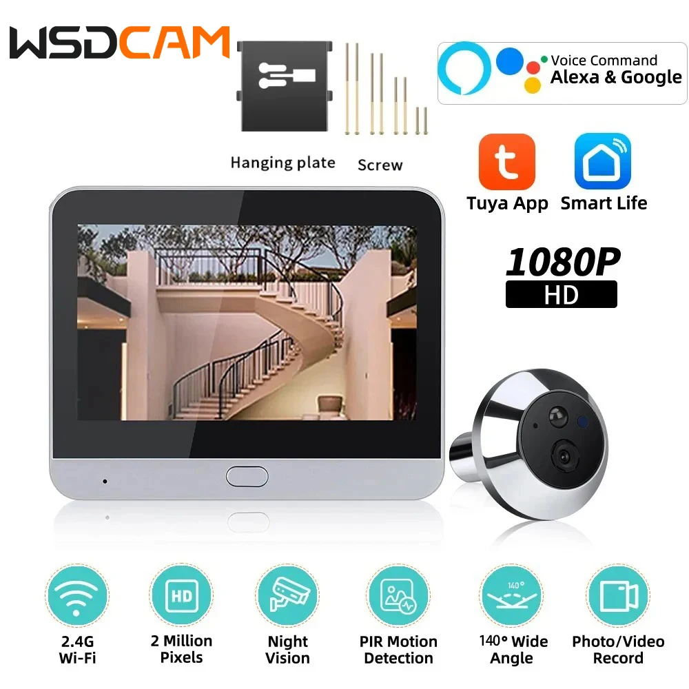 WSDCAM Wifi Telecamera interna 1080P Tuya Spioncino Campanello PIR Rilevazione movimento Visualizzatore porta Visione notturna Conversazione unidirezionale 5000mAh