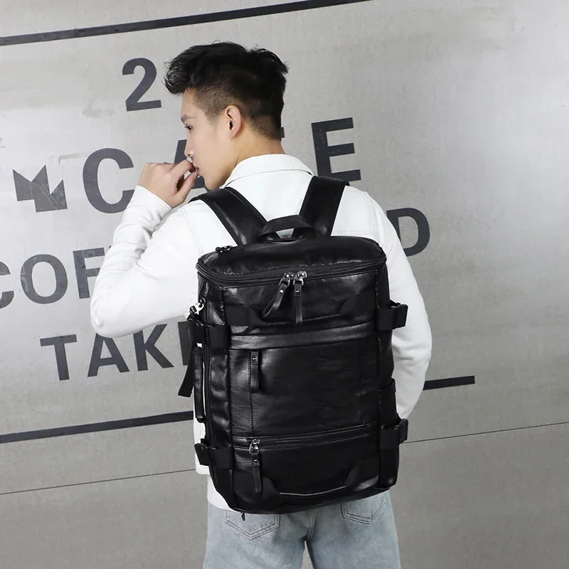 Tas Ransel Travel Pria Besar Kapasitas Tinggi Ransel Pria Kulit Hitam untuk Perjalanan Ransel Laptop Mochila