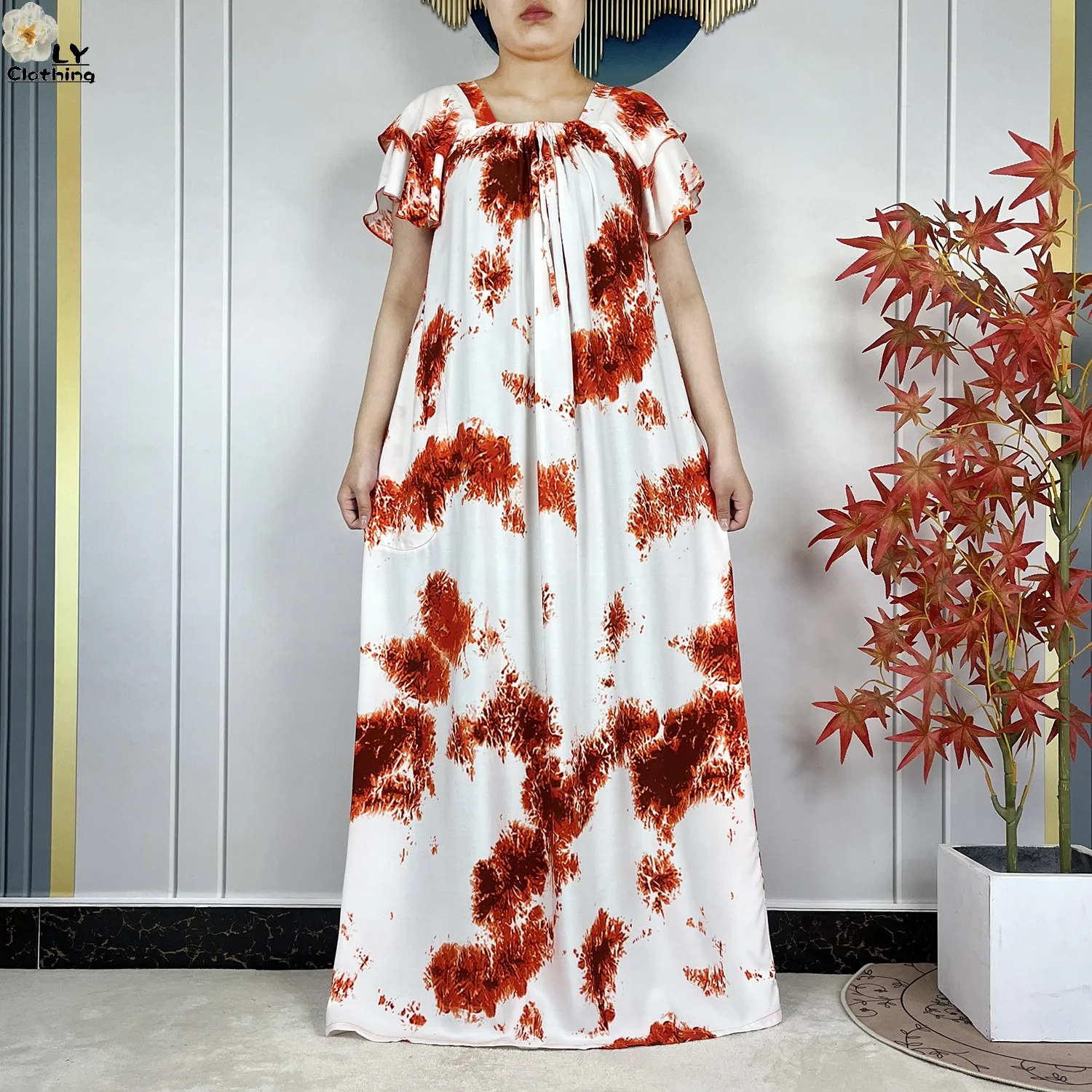2026Fashion Elegant Dress Tie-dye Cotton Dubai Abaya Women Dress Boat-Neck Short Sleeve Loose Long Maxi Casual African Clothing 2