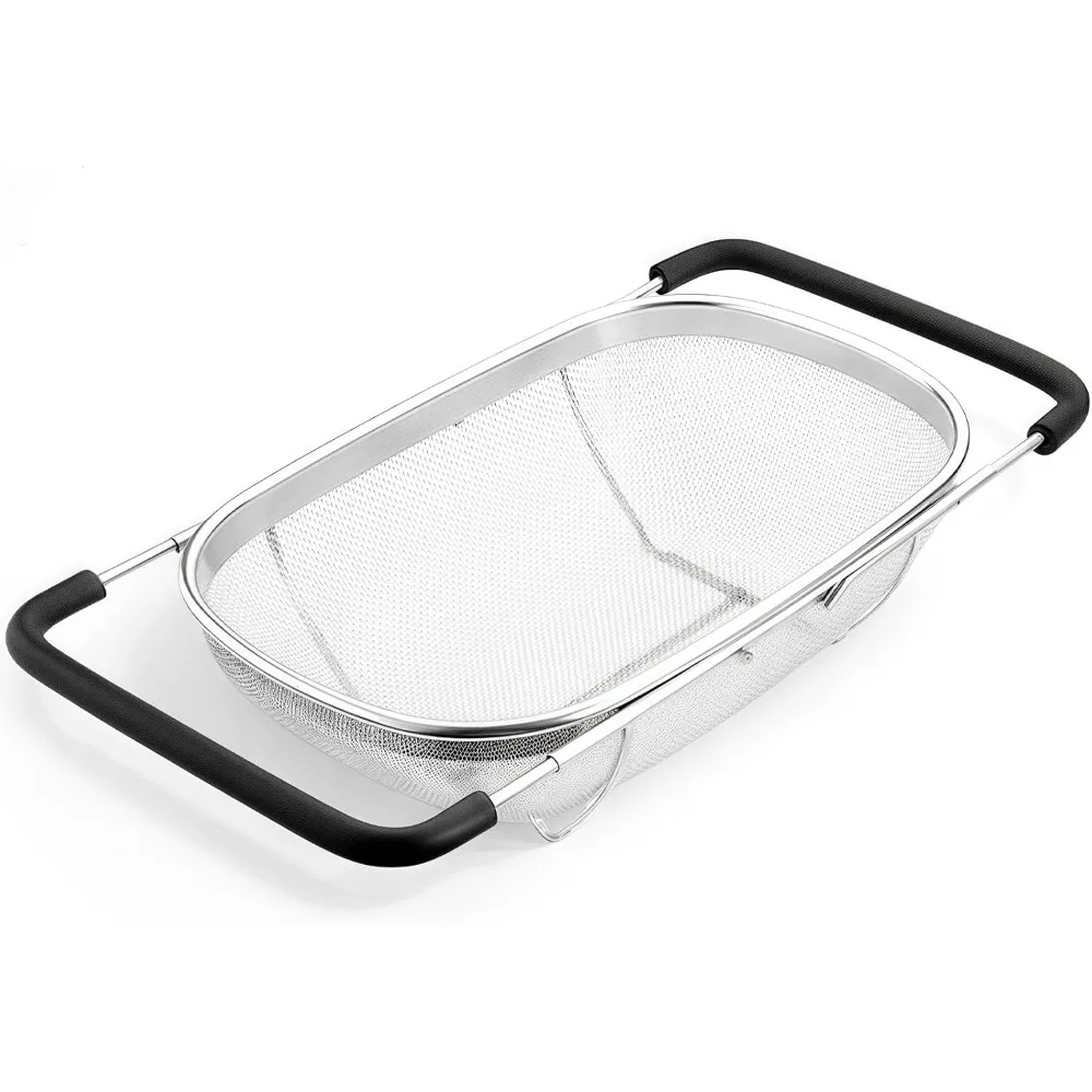 

Over The Sink Colander 6 Quart Stainless Steel Fine Mesh Strainer Basket & Expandable Rubber Grip Handles - Strain, Drain, Rinse