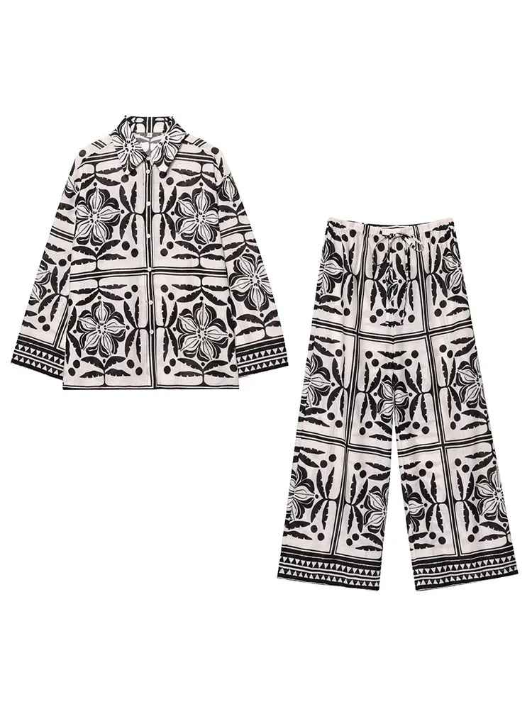 

Women Summer Loose 2-Pieces Sets 2025 Vintage Print Shirts Tops and Wide Leg Pants Female Elegant Street Two Suits Clothing