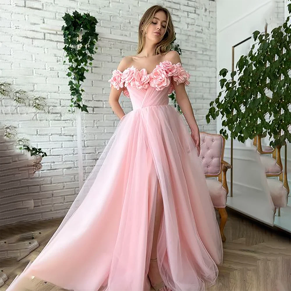 Verngo Pink Side Slit Evening Gown Boat Neck Tulle Party Dresses Off The Shoulder Pleat A Line Dresses For Formal Occasion