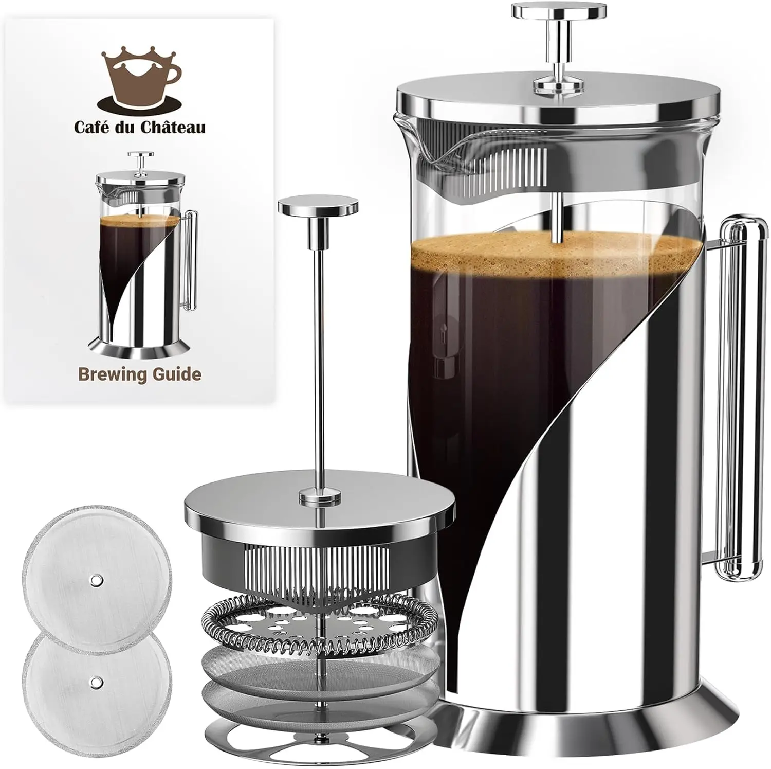 

34oz Stainless Steel French Press Coffee Maker - 4-Level Filter, Easy Manual Brew, Portable for Camping & Travel, BPA-Free Clear Glass