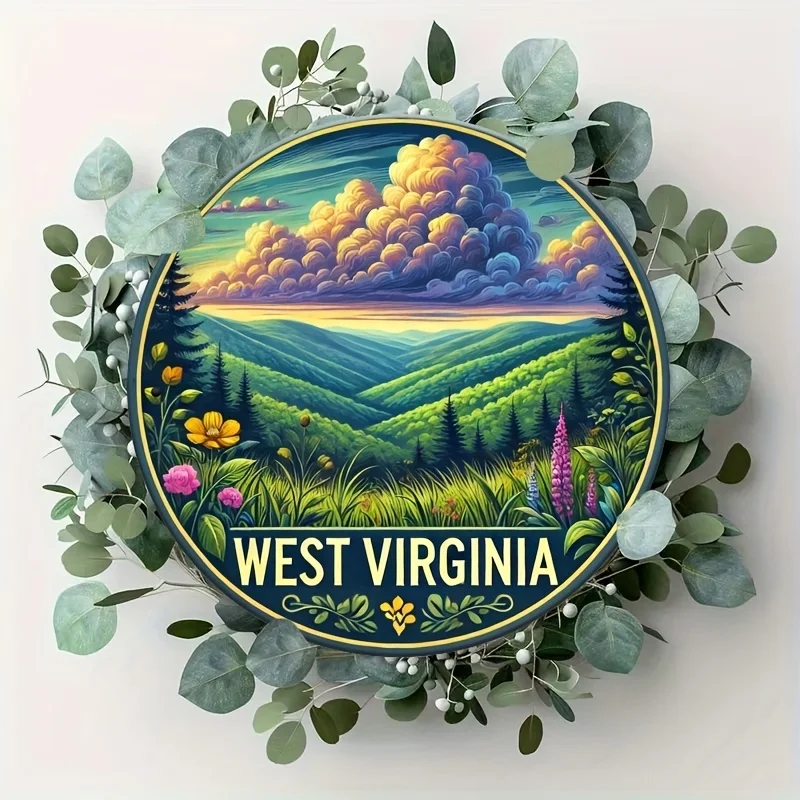 HD-Blechschild, West Virginia, Berglandschaft, rund, Vintage-Metall-Wandkunst, Retro-Heimdekoration