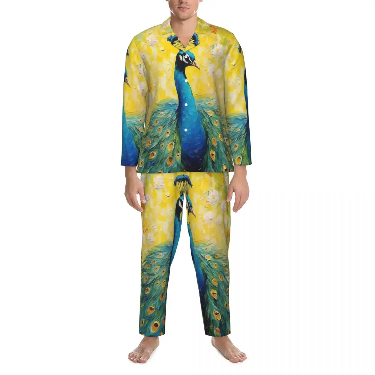 Pintura pavão com cauda azul conjunto de pijama outono confortável lazer pijamas masculino duas peças vintage oversized personalizado pijamas