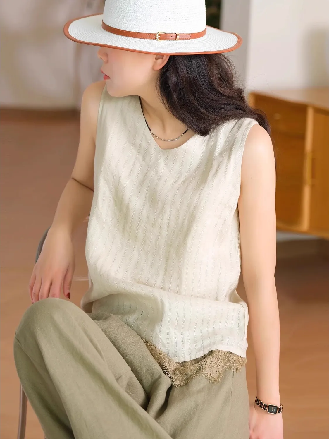 Comfortabel katoenen linnen V-Ne kleur T-shirt Casual veelzijdige afslankende Svel Vest Top voor dames zomer 2025,