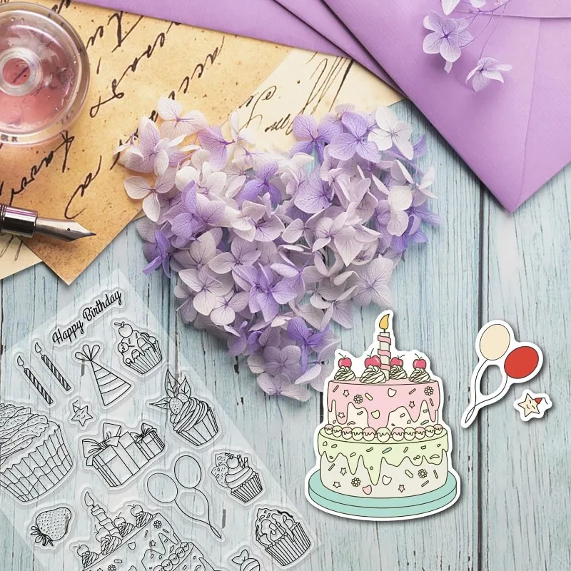 1pc Birthday Cake Clear Stamps Balloon Silicone Clear Stamp Seals Birthday Gift Box Transparent Stamps for DIY Scrapbooking