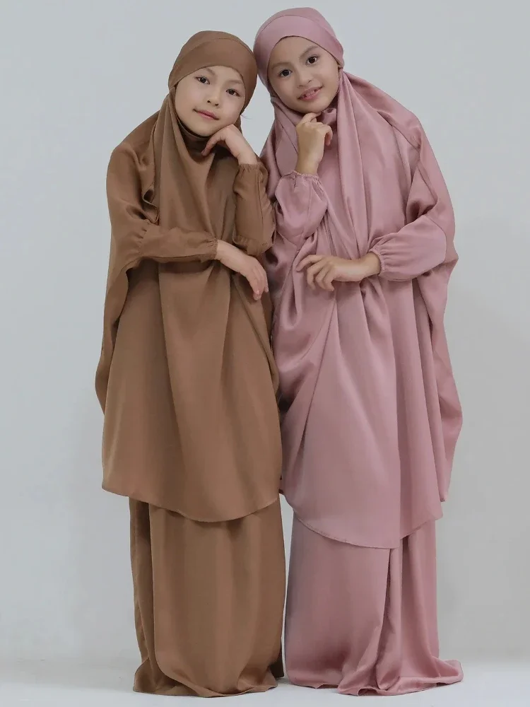 

Kids Jilbab Set Ramadan Muslim Child Girl Prayer Garment Hijab Dress Satin Abaya Long Khimar Children Abayas Dubai Islam Kaftan