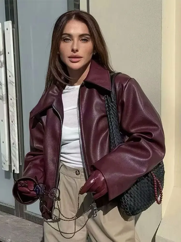 

HH 2024 Autumn Street Fashion Leather Bomber Jacket For Women Solid Color Long Sleeves Lapel Zipper Fly Causal Retro Coats