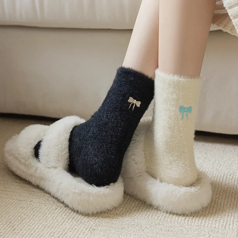 Embroidery Bow Plush Women Socks Winter Warm Sleep Mink Fur Floor Socks Girls Mid Tube Stockings Indoor Thermal Slipper Footwear