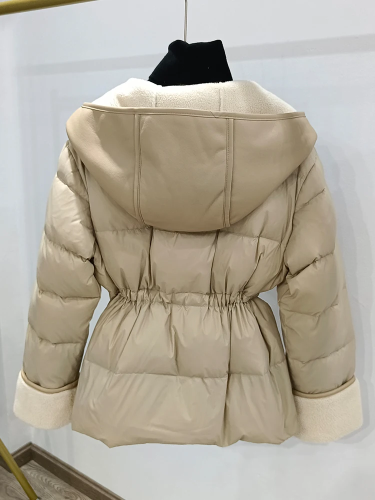 Imagem -03 - Ftlzz Novo Inverno Falso Cordeiro Couro Retalhos Pato Branco para Baixo Cabolsa Moda Feminina com Capuz Zíper Jaqueta Senhora Grosso Quente Outwear