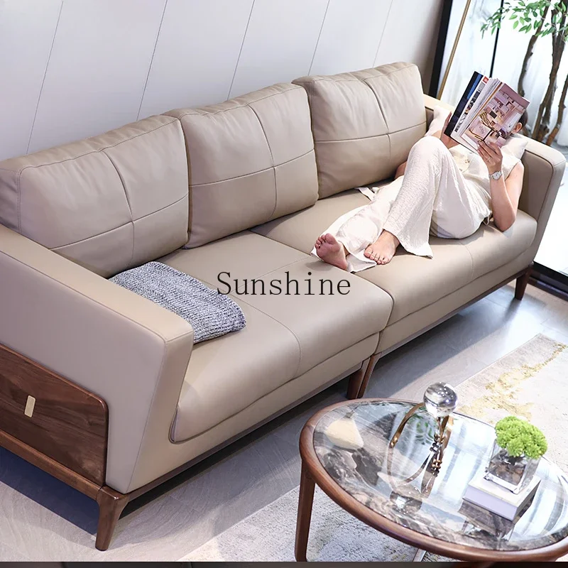 

New Chinese solid wood leather sofa straight row fabric combination furniture