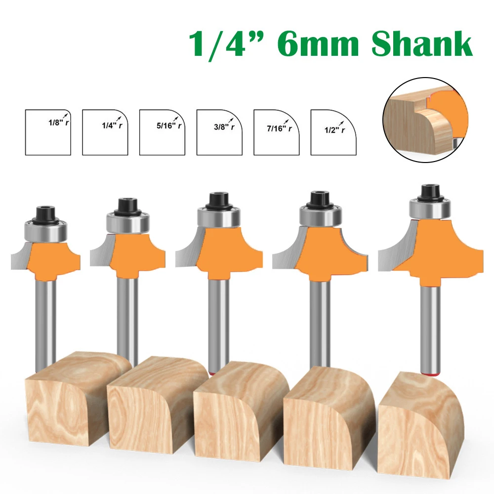 

5PC/Set 1/4" 6.35MM 6MM Shank Milling Cutter Wood Carving Corner Round Over Router Bit with Bearing Cleaning Flush Woodworking